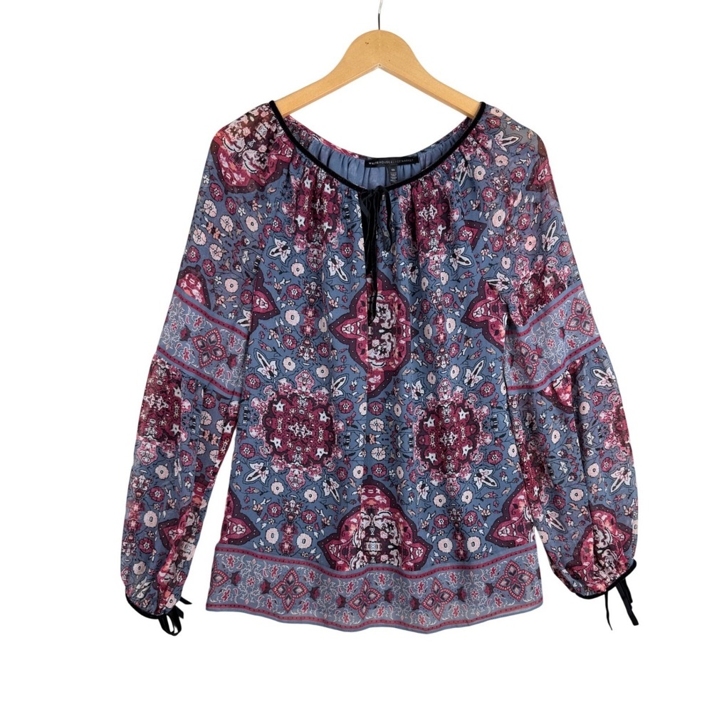 White House Black Market Boho/Floral Print Long Sleeve Blouse size 10 Blue/Pink